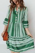 Green Boho Ethnic Print Half Button 3/4 Sleeve Casual Dress