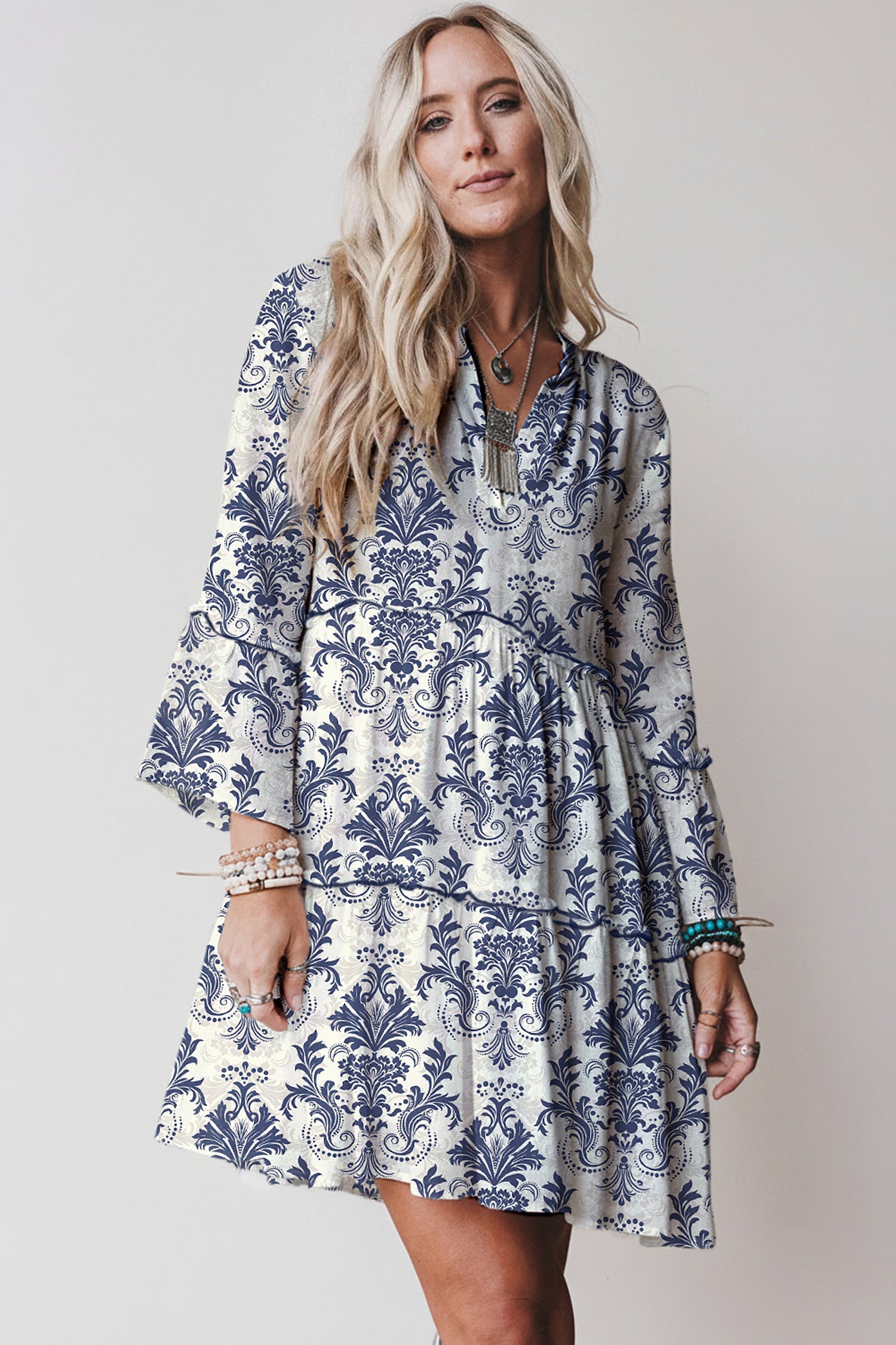 Sky Blue Boho Floral Print Lettuce Trim 3/4 Sleeve Mini Dress