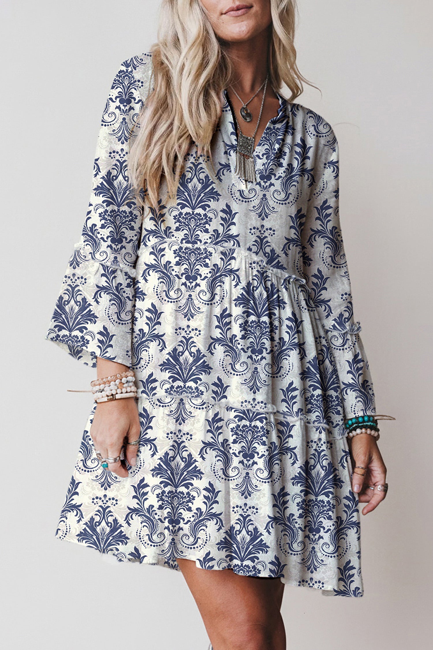 Sky Blue Boho Floral Print Lettuce Trim 3/4 Sleeve Mini Dress