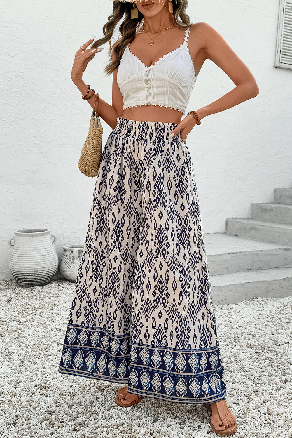 Blue Boho Pattern Print High Waist Wide Leg Loose Pants
