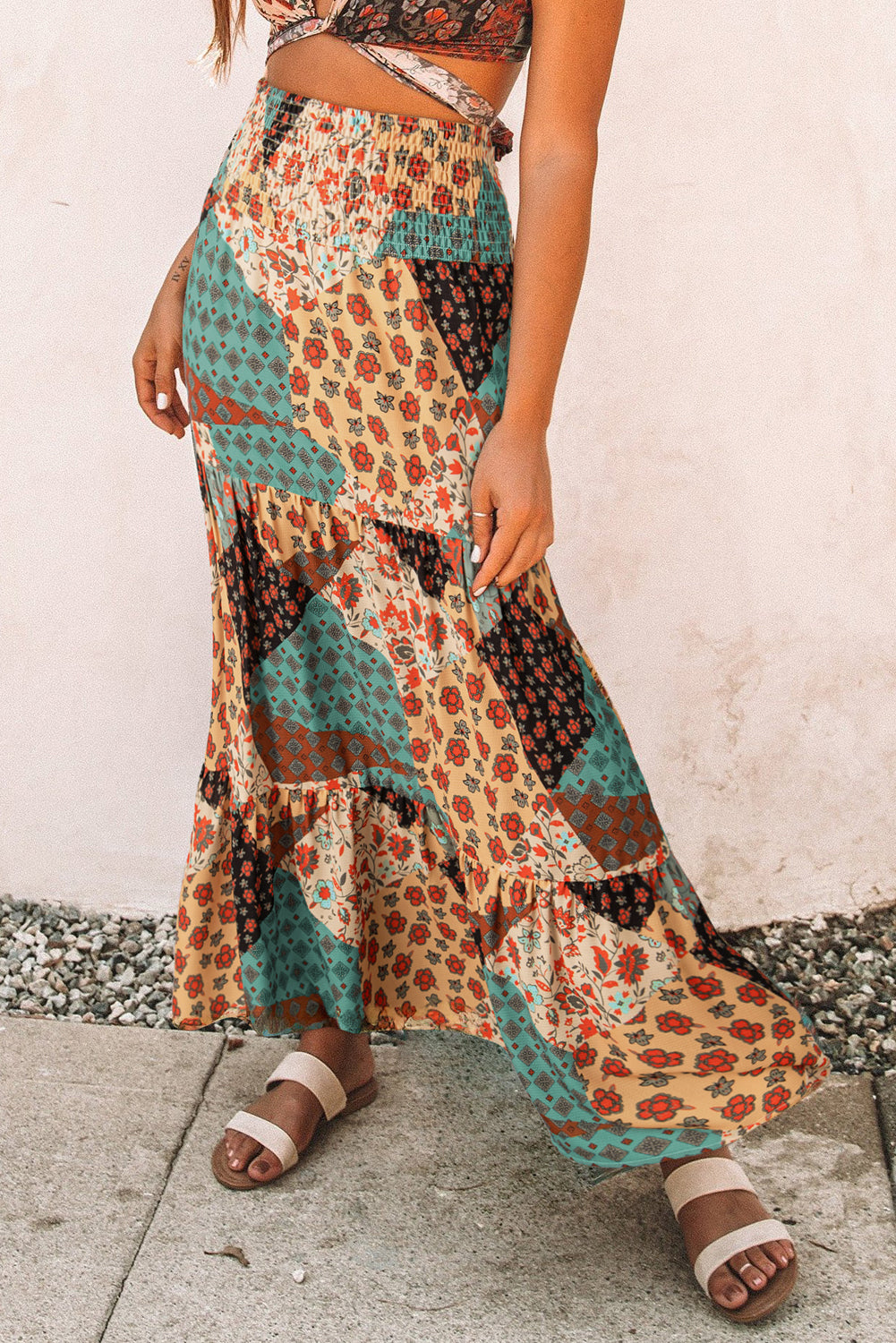 Multicolor Boho Print Tie-Up Waist Long Maxi Skirt