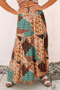 Multicolor Boho Print Tie-Up Waist Long Maxi Skirt