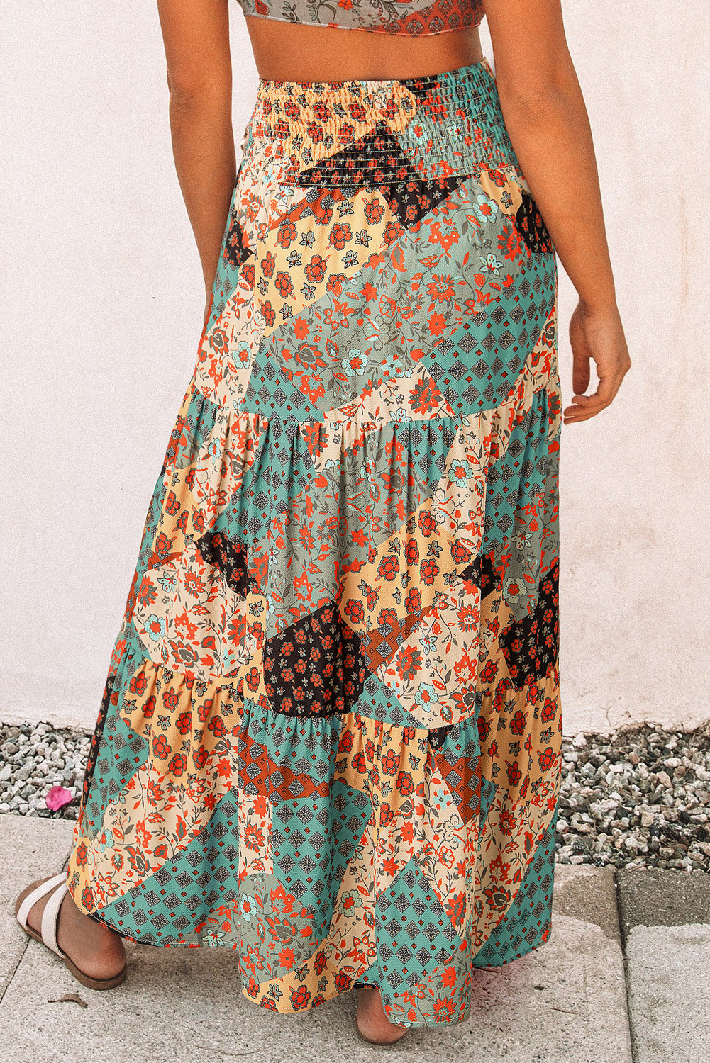 Multicolor Boho Print Tie-Up Waist Long Maxi Skirt