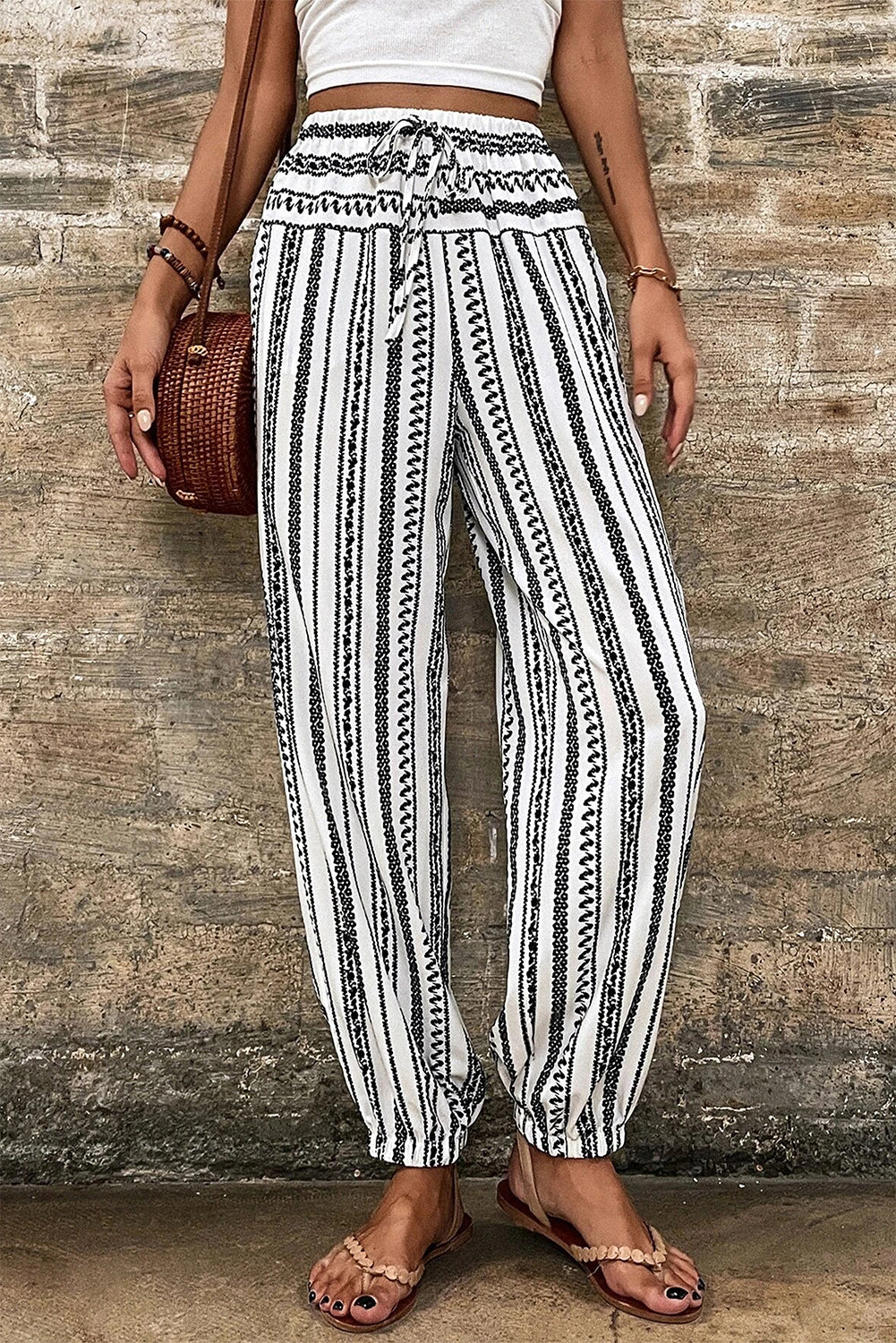 Black Stripe Boho Print Drawstring Elastic Waistband Casual Joggers