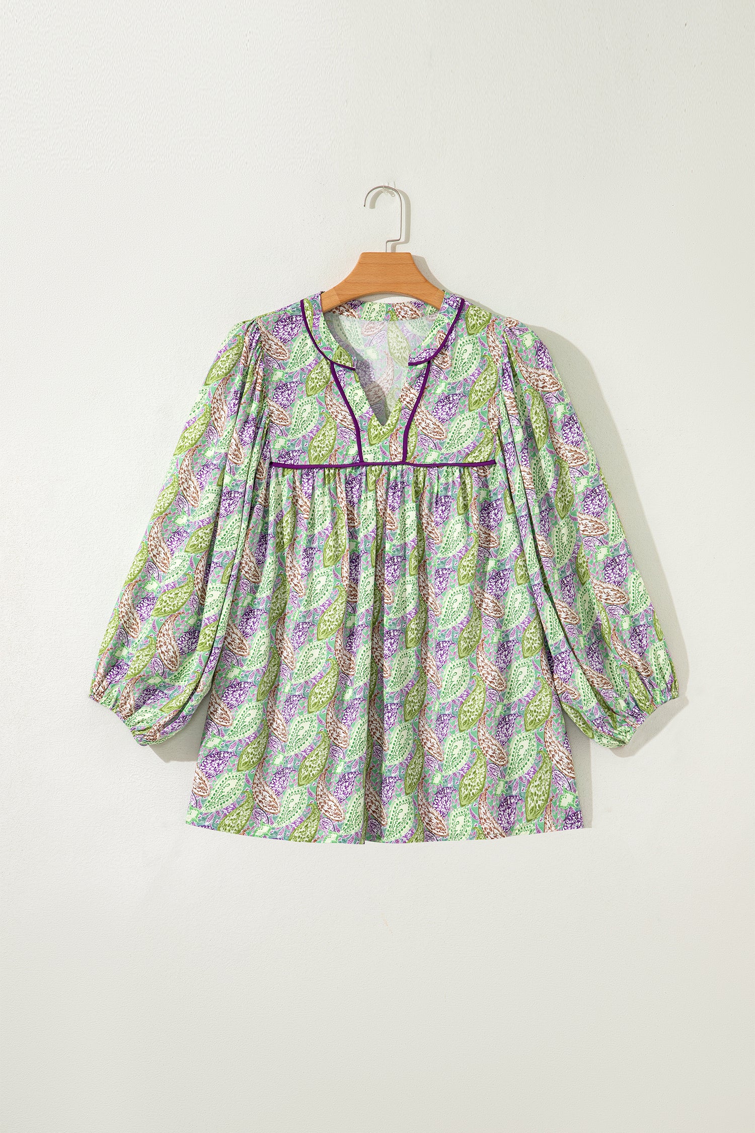 Green Boho Paisley Print Half Puff Sleeve Blouse