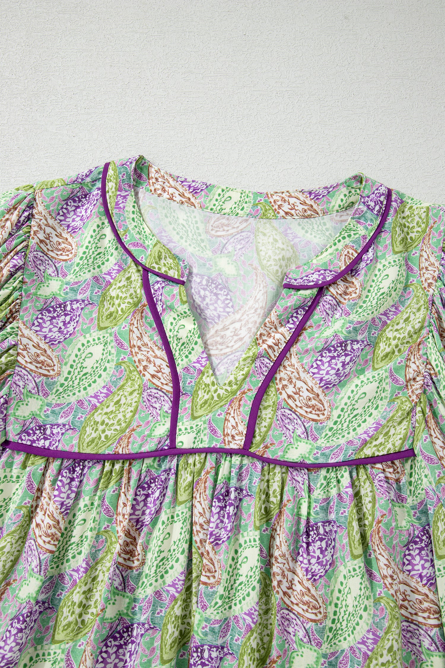 Green Boho Paisley Print Half Puff Sleeve Blouse