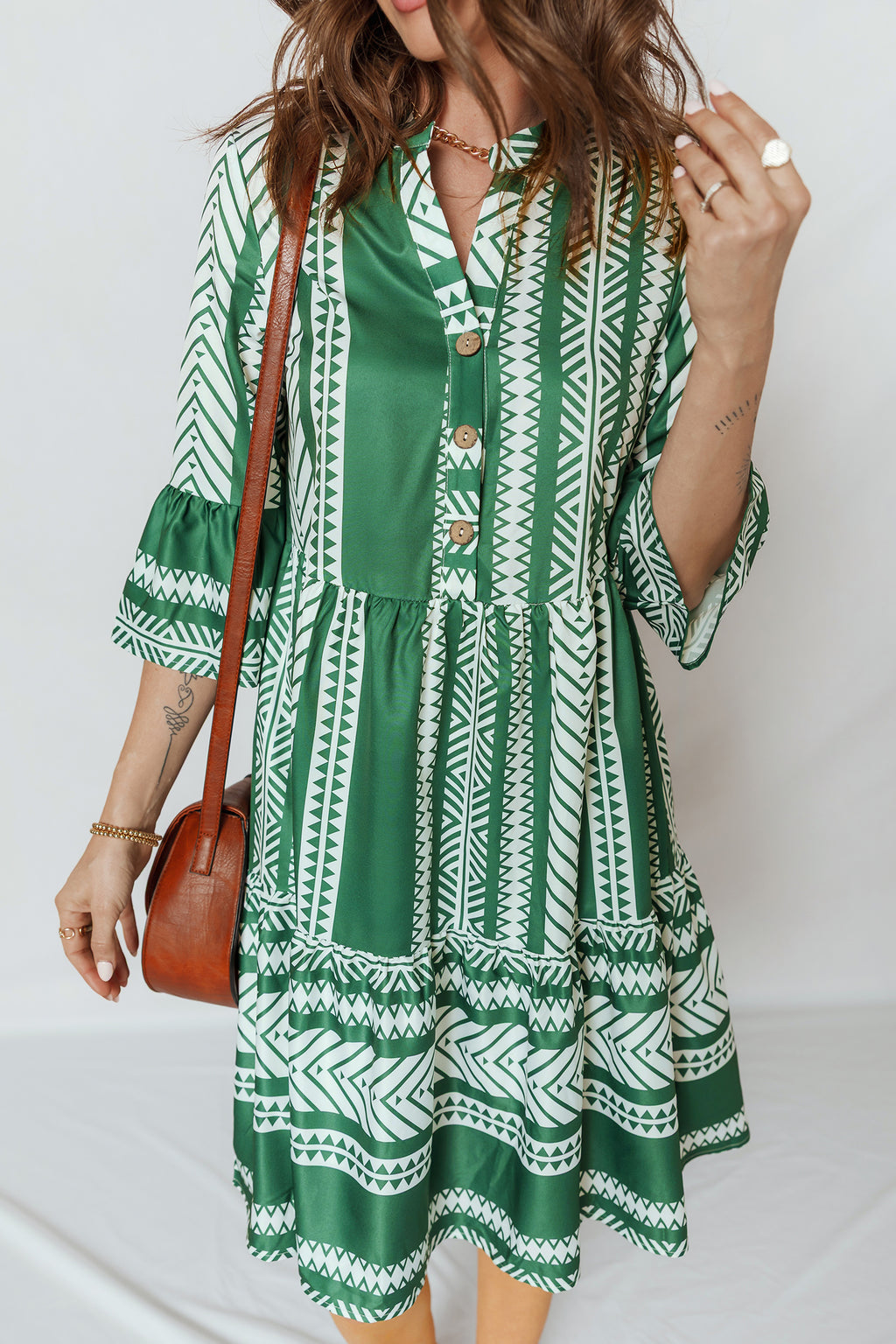 Green Boho Ethnic Print Half Button 3/4 Sleeve Casual Dress