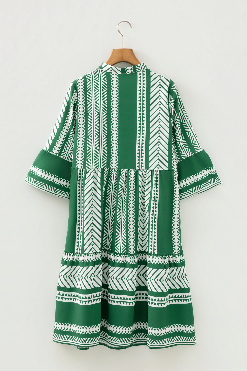Green Boho Ethnic Print Half Button 3/4 Sleeve Casual Dress